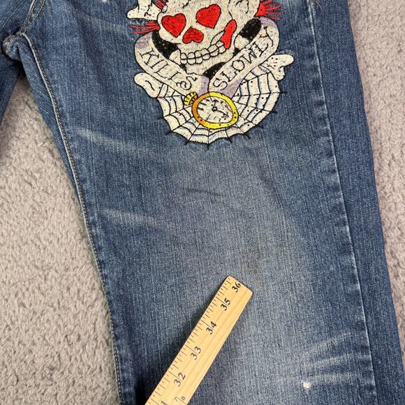 Vintage Y2K Ed Hardy Jeans 38x30 Christian Audigier Embroidered Skull Baggy - Picture 5 of 16